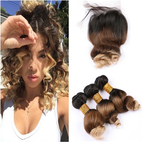 2019 Black Brown To Honey Blonde Ombre Hair Bundles With Closure