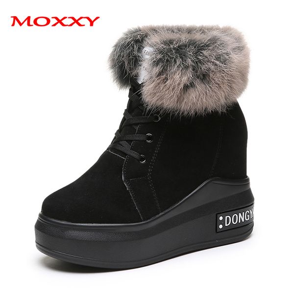 

2019 new high heel winter boots women shoes wedge boots with fur warm plush platform furry comfort lace up casual shoes, Black