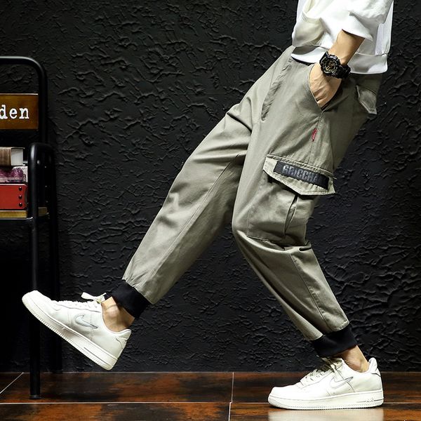 

harem cargo pants mens m-5xl pockets spliced harajuku 100% cotton solid hip hop casual male tatical joggers sweatpants trousers, Black