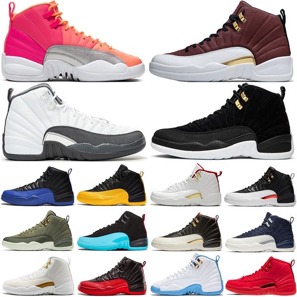 

fashion dark grey 12 12s game ball mens basketball shoes og reverse taxi fiba punch flu game gym red sports sneakers, White;red