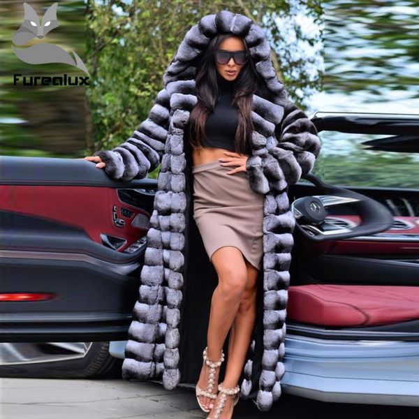 

Furealux 130cm uper long real rex rabbit fur coat chinchilla color full pelt fur women 039 fur coat outerwear warm winter y190916, Black;brown