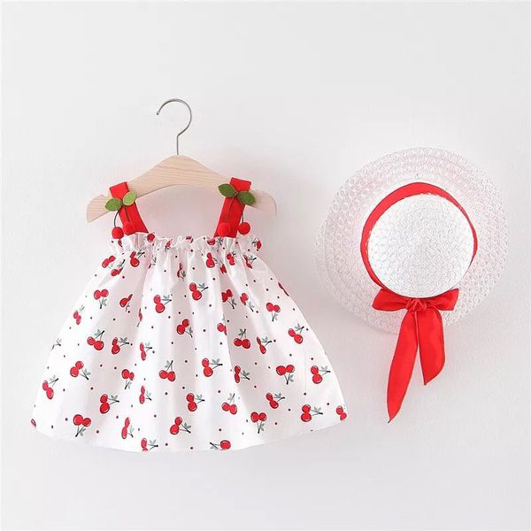 

bnwige newborn toddler girls summer dress print cherry vestidos kids baby girl dresses princess sundress hats 2pcs clothing set, Red;yellow