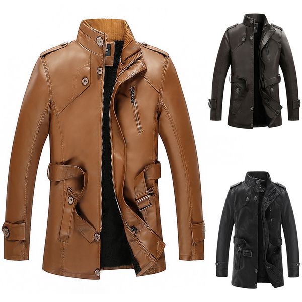 

male leather jacket sales jaqueta de couro men's autumn winter fashion velveted zipper pure color imitation leather coat l-3xl, Black