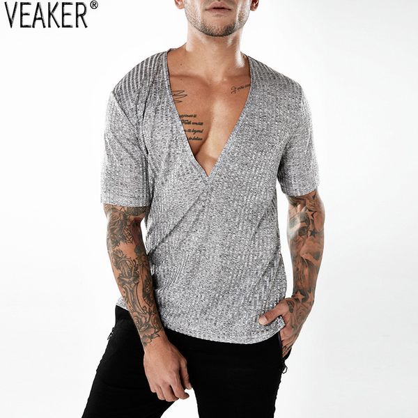 

2018 men's deep v neck t shirt male summer hip hop high street short sleeve t-shirts slim fit solid color streetwear, White;black