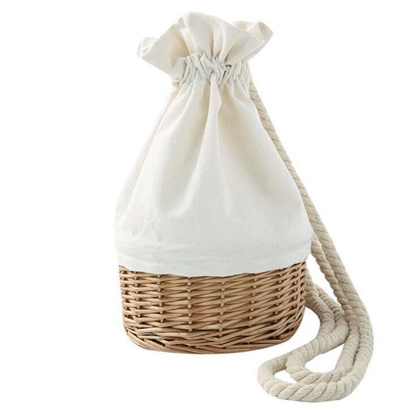 

spring korean-version drawstring bag rattan bag straw double shoulder bucket