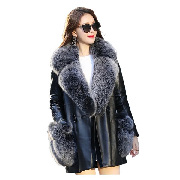 

genuine leather jacket women real fur collor down jacket sheepskin winter coat women 2019 korean slim fit abrigo mujer zt395, Black