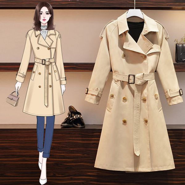

women 2020 spring autumn new double breasted medium long trench coats female slim belt casual windbreaker ladies outerwears l136, Tan;black