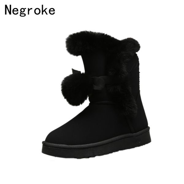 

women snow boots winter fur ankle boot female fur hairball warmer plush suede rubber flat slip on fashion platform ladies shoes, Black