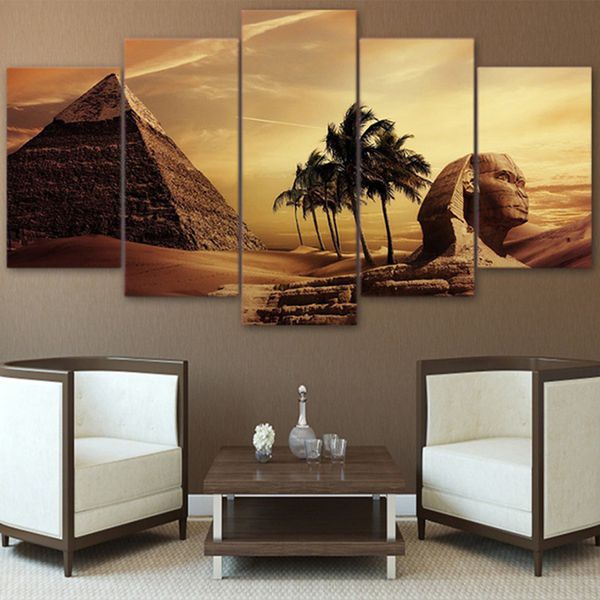 

5 pieces canvas egyptian pyramids oil painting sunset desert wall pictures for living room(no frame)