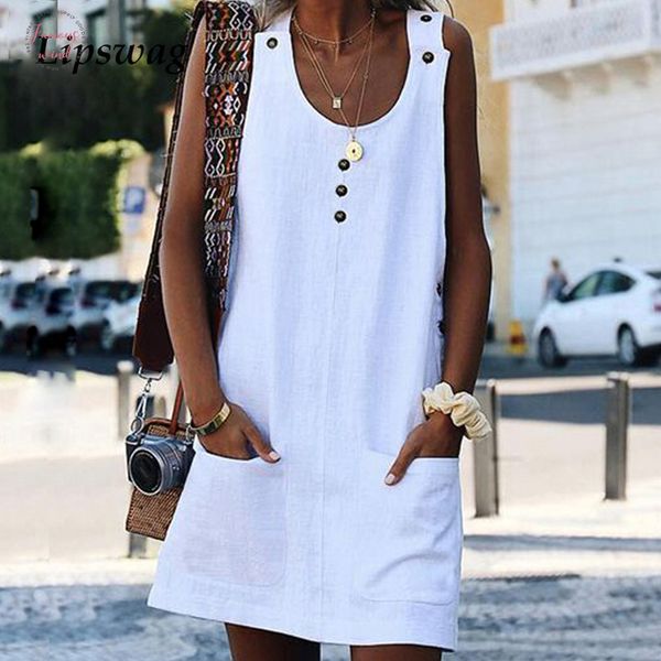 

s 5xl summer women casual sleeveless button dress new lady solid color mini beach dress fashion o neck pockets vestidos, Black;gray