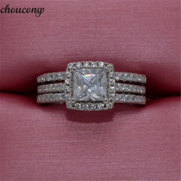 

choucong 2-in-1 princess cut ring set 925 sterling silver 5a cz engagement band rings for women bridal wedding jewelry gift, Slivery;golden