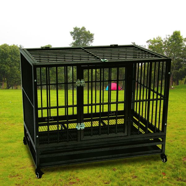 

heavy duty dog cage crate kennel metal pet playpen portable with tray black color dog carrier