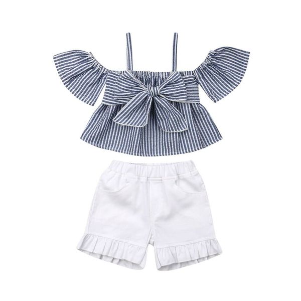 

toddler kids baby girl off shoulder striped crop bowknot blouse shirt + ruffle shorts pant summer outfit 2pcs, White