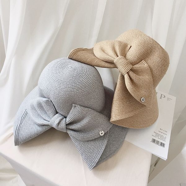 

japanese bowknot straw female foldable sunscreen uv-proof bucket bucket straw fisherman fisherman hat big eaves beach sun hat, Blue;gray
