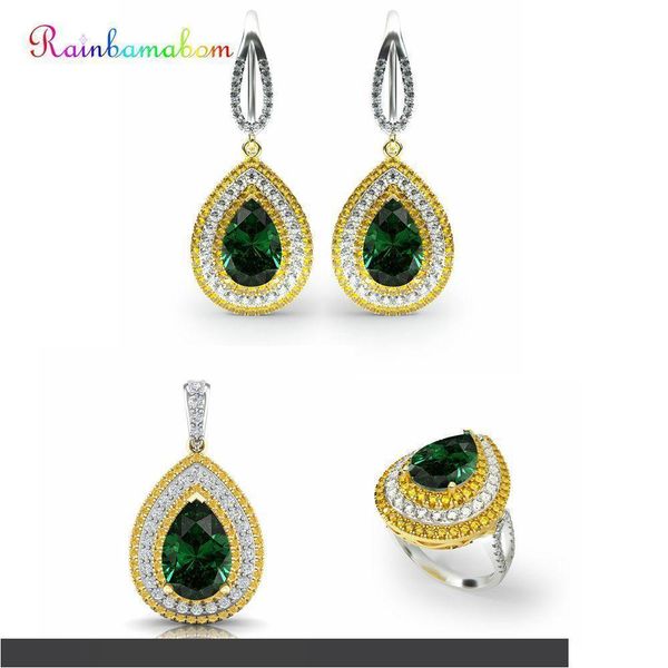 

rainbamabom real 925 solid sterling silver sets water drop груша изумруд драгоценный камень ожерелье серьги кольцо ювелирные наборы оптом, Black