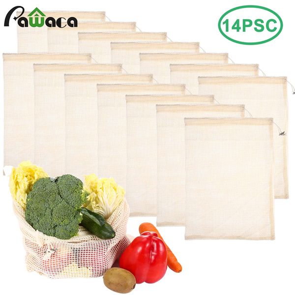 

14 шт. 6 шт. многоразовые хлопчатобумажные сумки сетки овощные сумки кухня моющиеся магазины хранения фруктов бакалея с шнурком