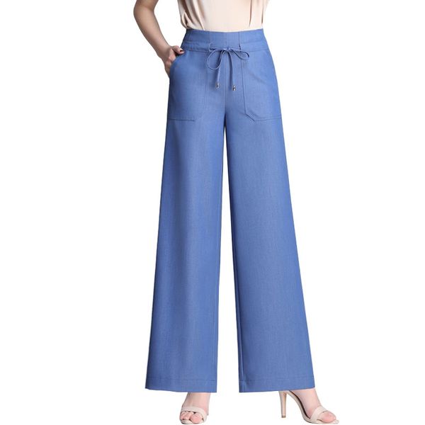 

tencel jeans casual wide leg pants for women plus size ealstic waist blue new fashion summer spring autumn loose capris xfe0904