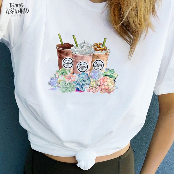 

women clothes summer coffee fashion sweet flower paint print ladies printed women casual woman tee shirt t female t shirt, White