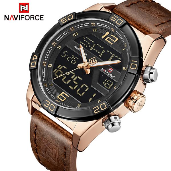 

mens watches naviforce men leather sports watch waterproof quartz digital clock man army wristwatches, Slivery;brown