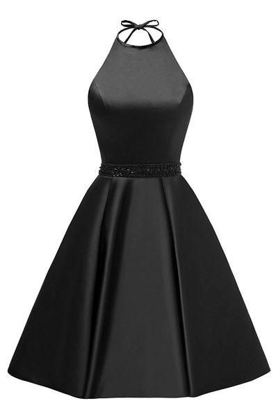 

halter neck ball gown cocktail dresses 2019 knee length satin party dress beaded short prom gowns, Black