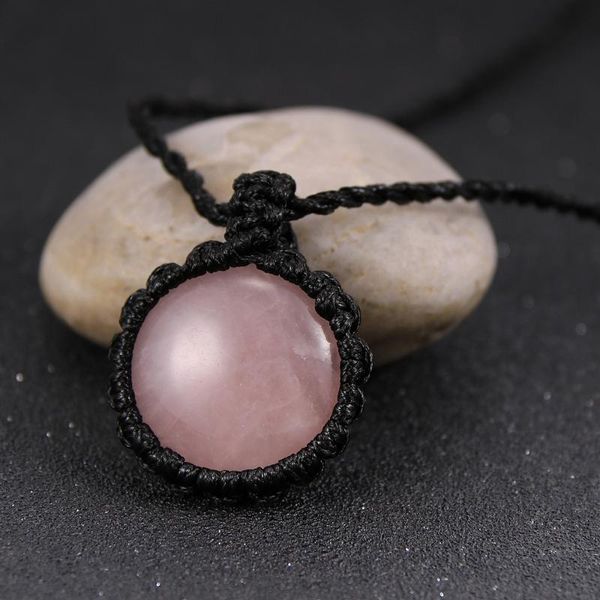 

women men natural stone 25mm circle pendant crystal tiger eye lapis lazuli labradorite necklace waxed rope braided wrap jewelry, Silver