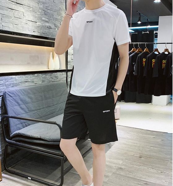 

2020 new fj8914 summer men t shirts+pants sets summer cotton comfortable short sleeve tshirt men casual set pant, Gray