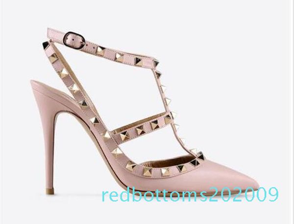 

designer pointed toe ladies sandals two strap high heels patent leather rivets womens sandals valentine brand shoes with box r09, Black