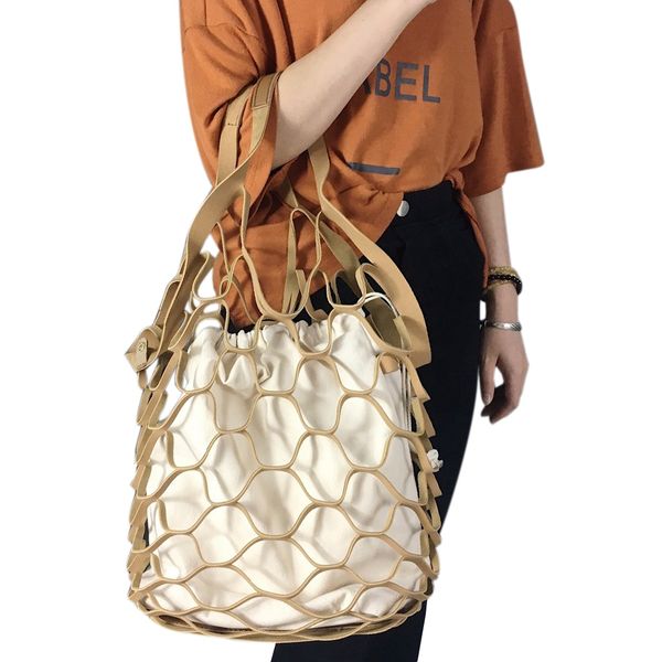 

fggs hollow out mesh leather bags summer beach bag handbags bucket bag leisure large capacity fur women composite