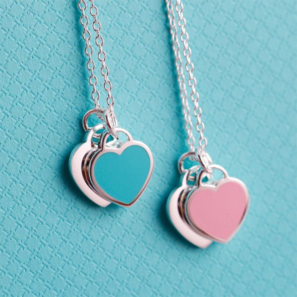 

romantic europe style heart pendant necklace blue pink bracelet double heart link chain necklace for woman jewelry, Silver