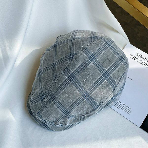 

sboy hats hat men plaid cotton linen british retro cap women casual sun summer thin korean literary artist classical beret, Blue;gray