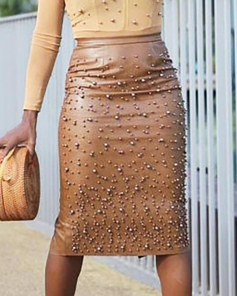 

skirts beaded faux leather zipper slit skirt women skinny elastic pu bodycon pencil midi, Black