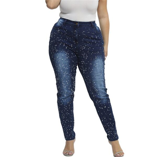 

2020 european and american autumn new large size spray paint jeans fat boy fat girl high waist trousers, Blue