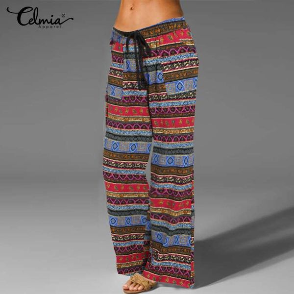 

celmia casual kaftan printed trousers vintage elastic waist women wide leg pants long palazzo plus size loose pantalon femme 5xl, Black;white