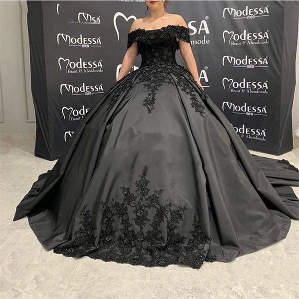 2020 Schwarze Gothic Brautkleider Ballkleid Spitze Taft Prinzessin Schulterfrei Nicht weiße Brautkleider mit farbigen Blumen nach Maß