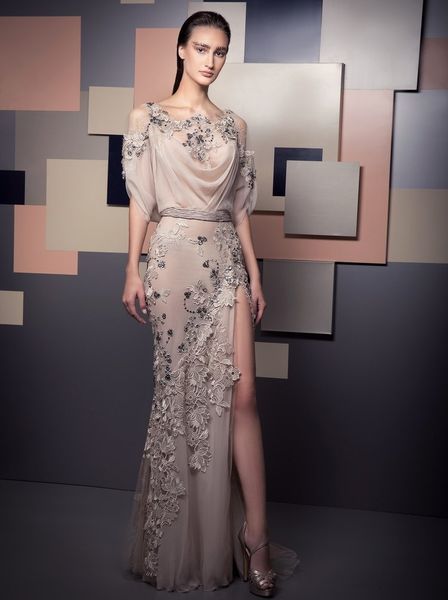 

flawless ziad nakad mermaid beaded evening dresses bateau neck half sleeves appliqued floor length prom gowns side split formal dress, Black;red