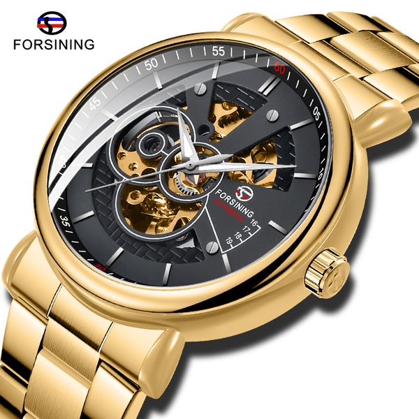 

forsining men skeleton mechanical watch golden stainless steel men watch automatic male business clock, Slivery;brown