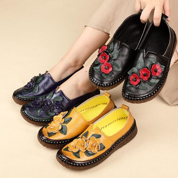 

2020 oukahui retro handmade genuine leather loafers flat shoes women spring round toe appliques soft slip-on casual lady flat, Black