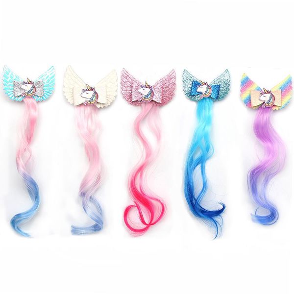 

rainbow unicorn hair clips fashions bows girl bowknot wing barrettes with gradient false hair wig pigtail barrettes kids hair accessory, Slivery;white