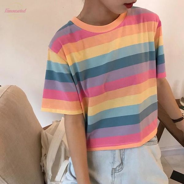

2020 new fashion women t-shirts summer new rainbow striped short-sleeved t-shirt women drop shipping good quality, White