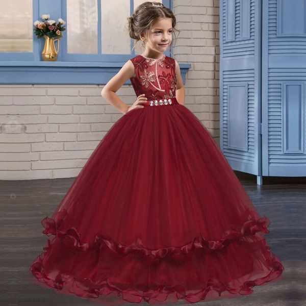 

retail long diamond embroidered flower girl dresses for wedding 5-14y kids designer dress girls piano costume princess dress boutique cloth, Red;yellow