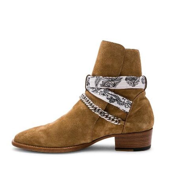 Mann neue Marke Ami Ri Rock Roll weiße Bandana-Schnalle Stiefel echtes Leder Wildleder Bandana bedruckte Wrap-Around-Knöchelriemen-Schnalle-Schuhe