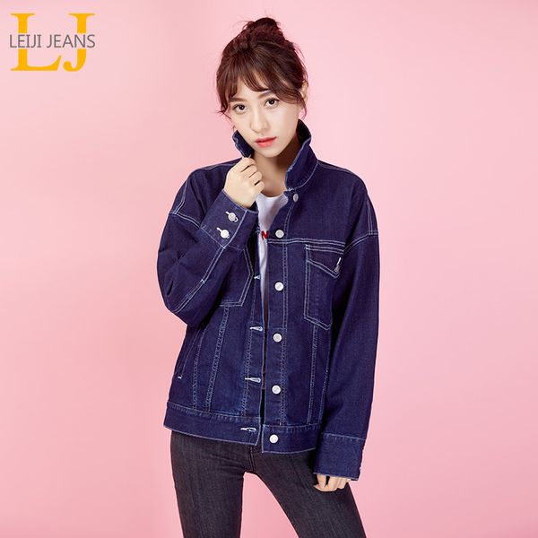 

leijijeans spring autum plus size casual coat blue turn down collar full sleeves standard outwear loose women denim jacket 9000, Black;brown