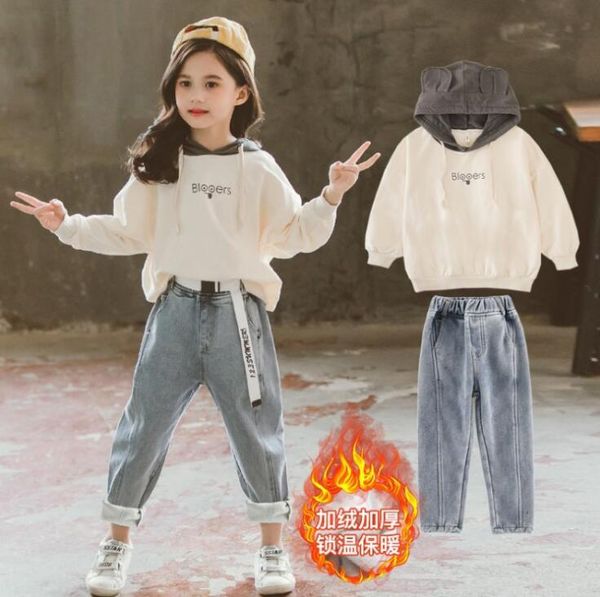 

fashion girls fall outfits hooded sweatshirt & jeans 2pcs sets child boutique clothing 10 12 year teen clothes set spring 2020, White
