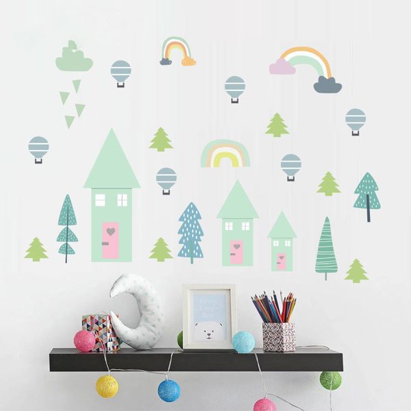 

Rainbow Trees Wall Sticker Cartoon Nordic Style Warm Kids Room Nursery Dorm Mural Decal Removable Background Wallpaper