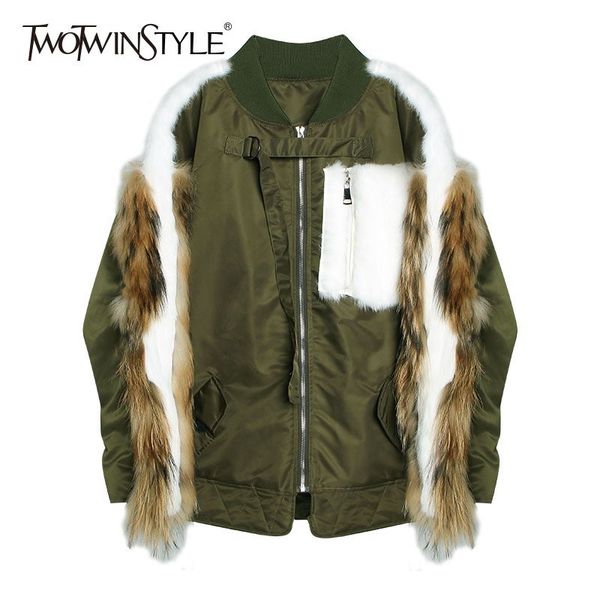 

twotwinstyle patchwork real hair coat female long sleeve hit colors plus thick women's winter jackets autumn 2018 new, Black