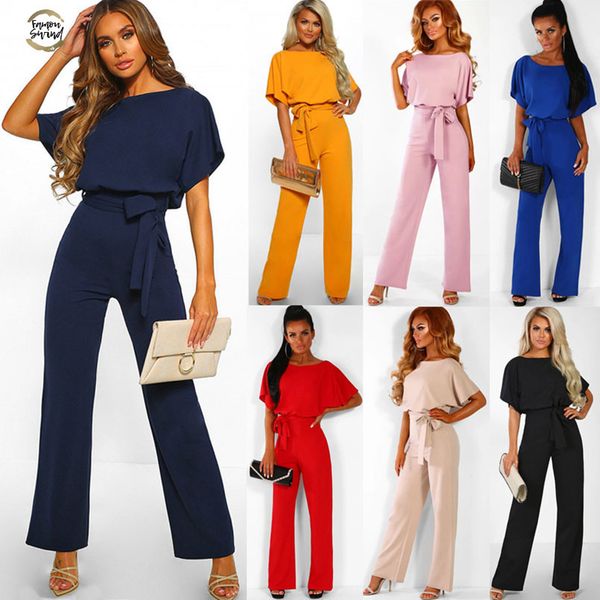 

elegant o neck casual jumpsuits 2019 summer red 3xl plus size loose women bandage long overalls high waist straight office wears, Black;white