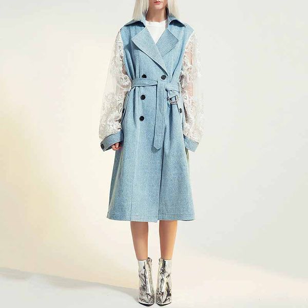 

yalee] new fashion 2019 autumn lace stitching long sleeve pockets sashes double breasted loose coat windbreaker women n293, Tan;black