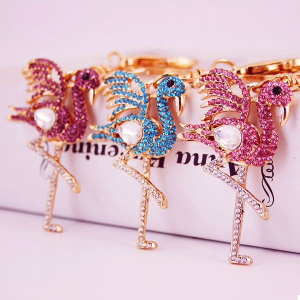 

exquisite rhinestone crystal flamingo keychains women's gift key ring birds handbag pendant car llaveros, Silver