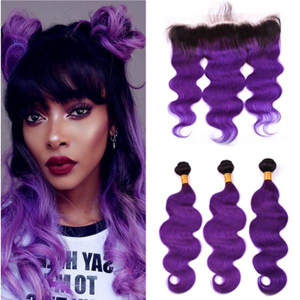 

ombre purple peruvian human hair body wave 3bundles with frontal 4pcs lot #1b/purple ombre lace frontal closure 13x4 with weave bundles, Black