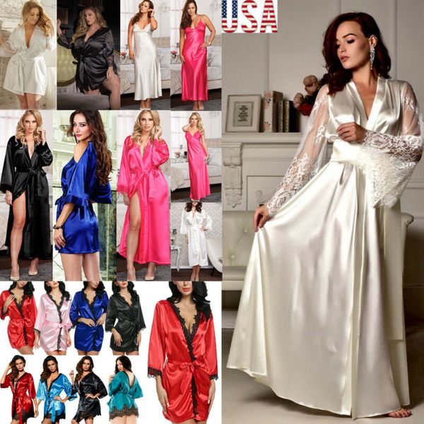 

fashion women's silk satin robe lingerie sleepwear bathrobe bandage lace v-neck girls robes summer, Black;red